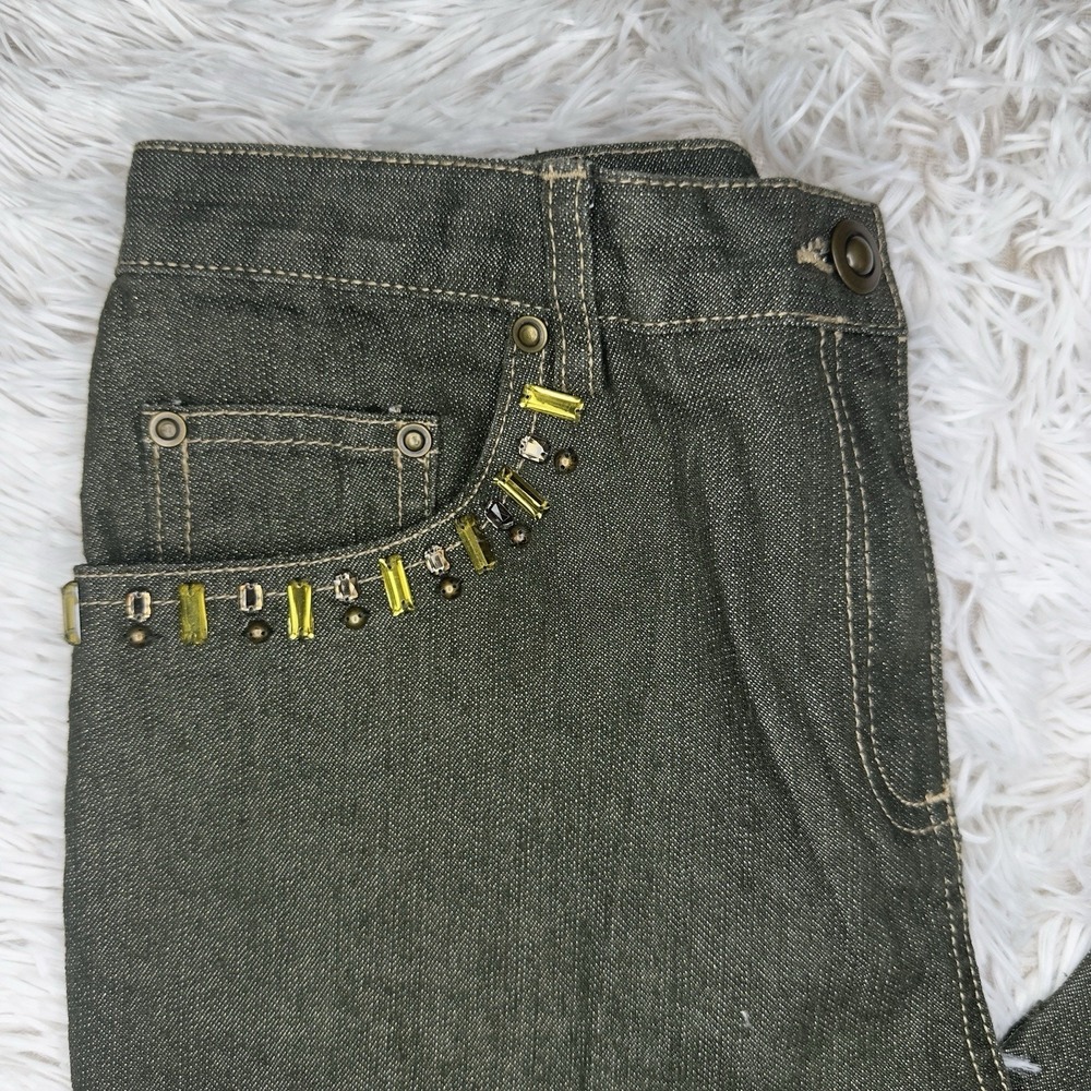 RUBY RD. Petite Sz 6P Dark Green Gold Metallic Straight Leg Jeans Jeweled Womens